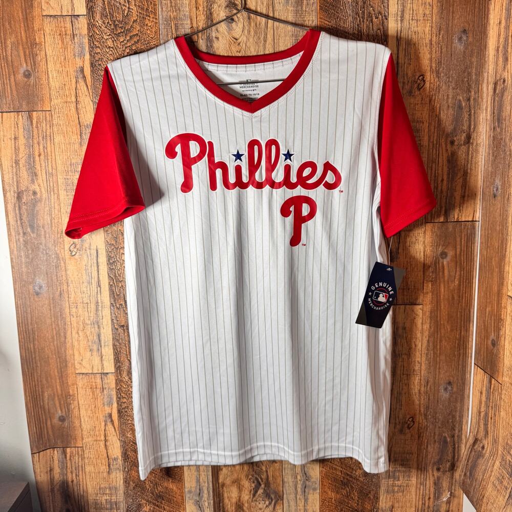 Philadelphia Phillies Boys XL (16/18) Jersey NWT Red/White Pinstripe MLB Shirt